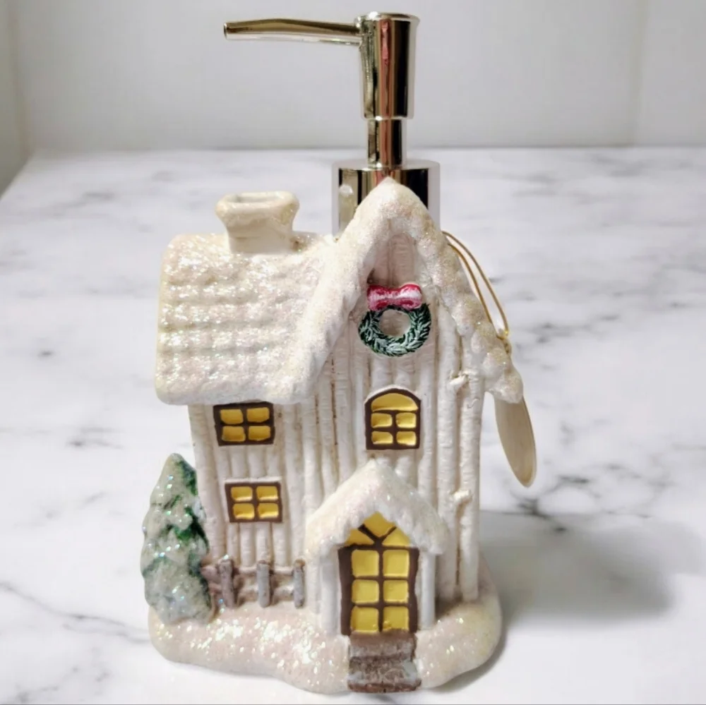 NWT Christmas Ceramic Glitter Village House Soap Lotion Dispenser Holiday Decor